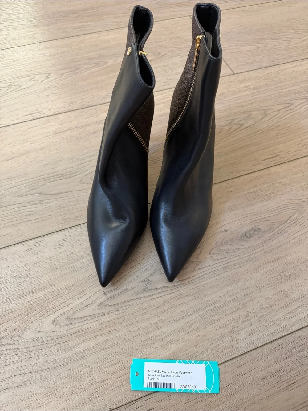 MICHAEL Michael Kors Black Leather & Logo Canvas Pointed Ankle Boots